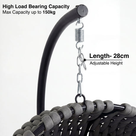 Round Garden Hanging Egg Chair with adjustable 28cm chain and spring, supports up to 150kg for secure outdoor seating.
