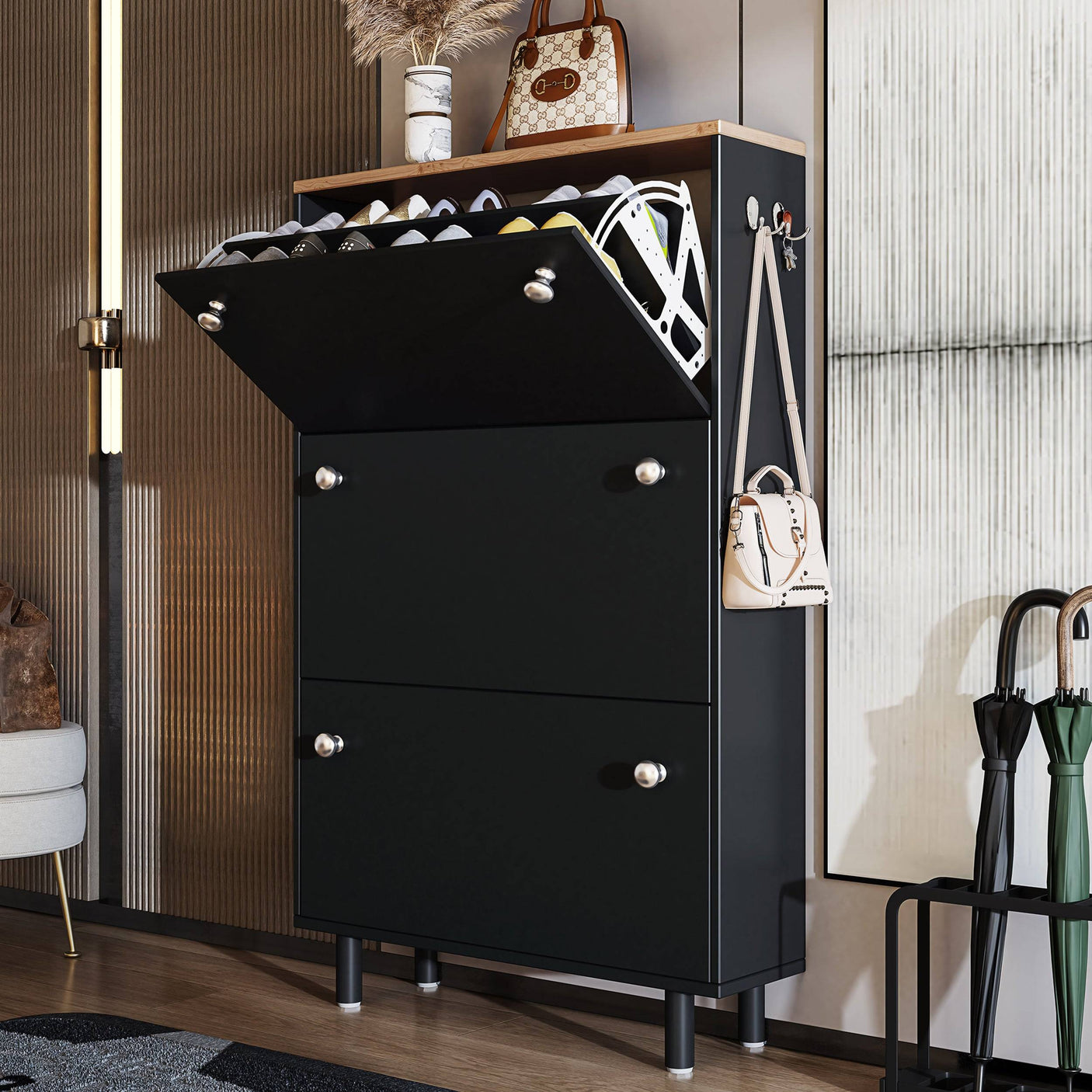 Black Blisswood Shoe Cabinet Hallway with one drawer open, showcasing organized shoe storage. Ideal for modern hallway interiors.