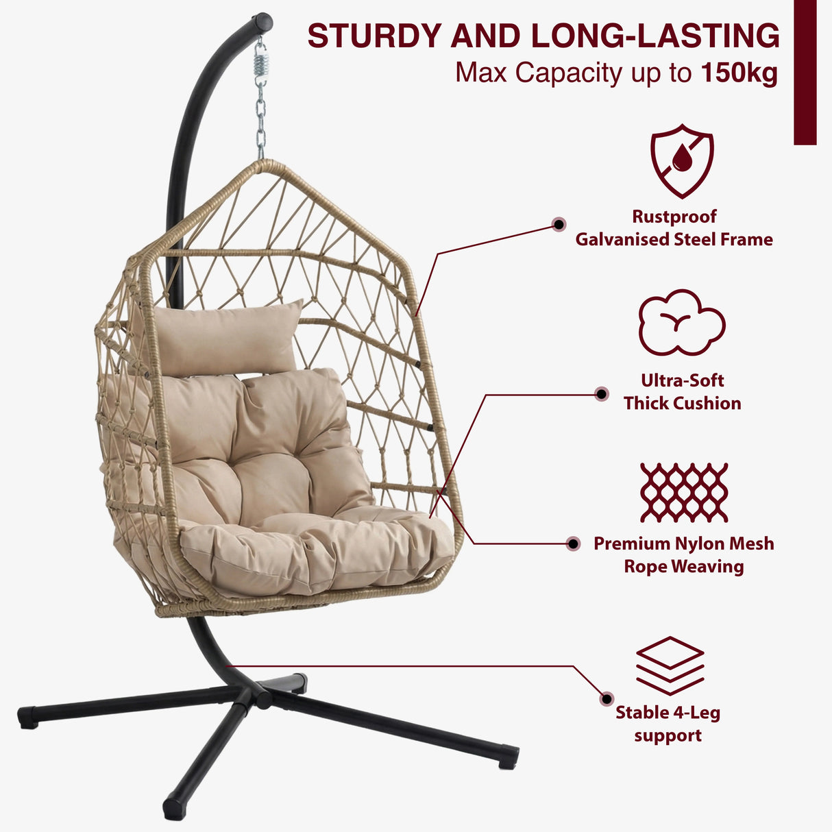 Foldable Hanging Egg Chair With Stand & Cushion