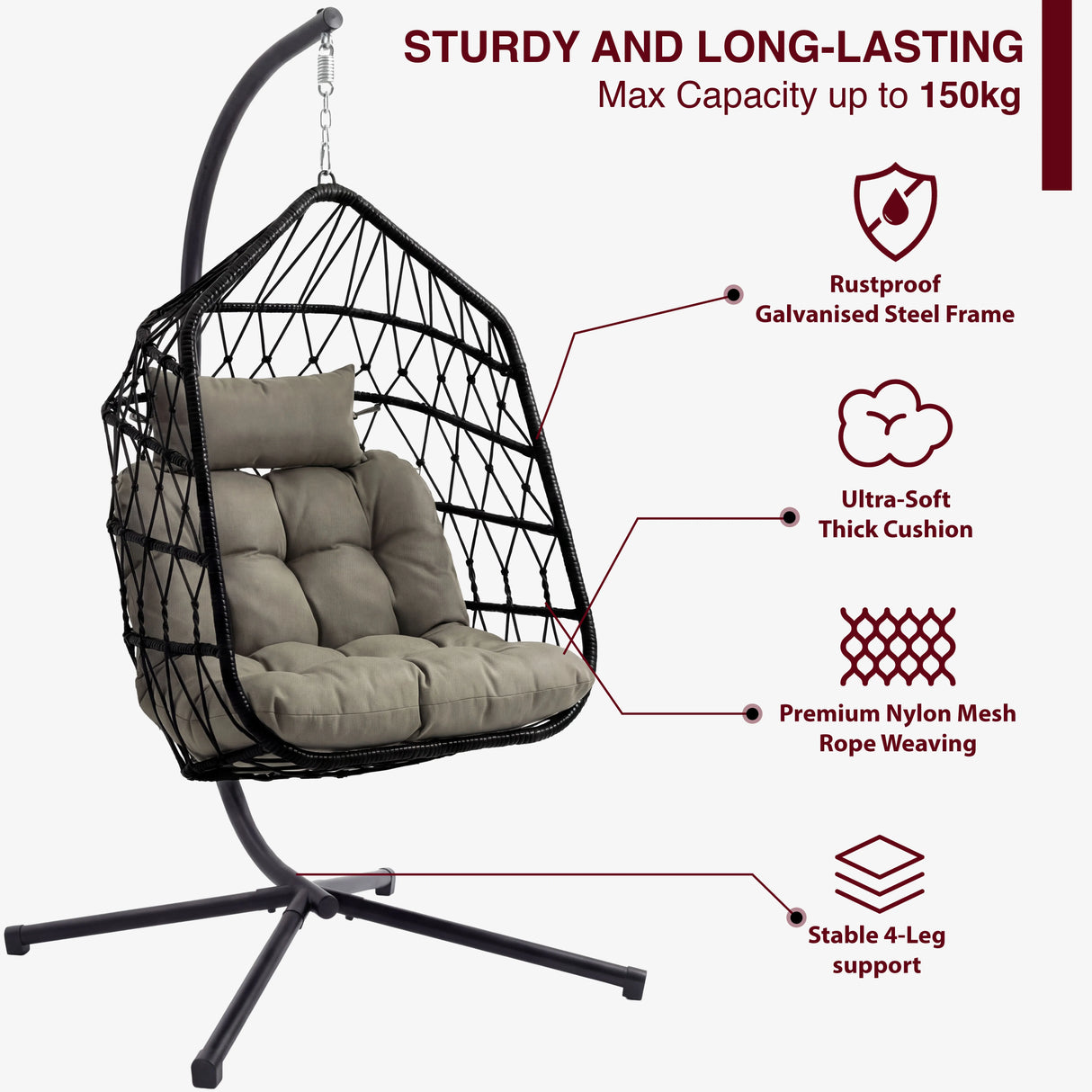 Foldable Hanging Egg Chair With Stand & Cushion