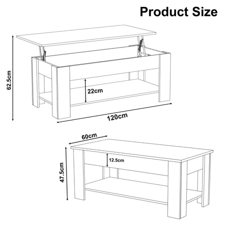 Lift Top Storage Coffee Table with hidden compartment and lower shelf, 120cm wide modern tea table with lift-up mechanism and 62.5cm max height.