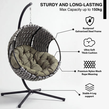 Round Garden Hanging Egg Chair with green cushion and labeled features like rustproof frame and thick padding for outdoor durability.