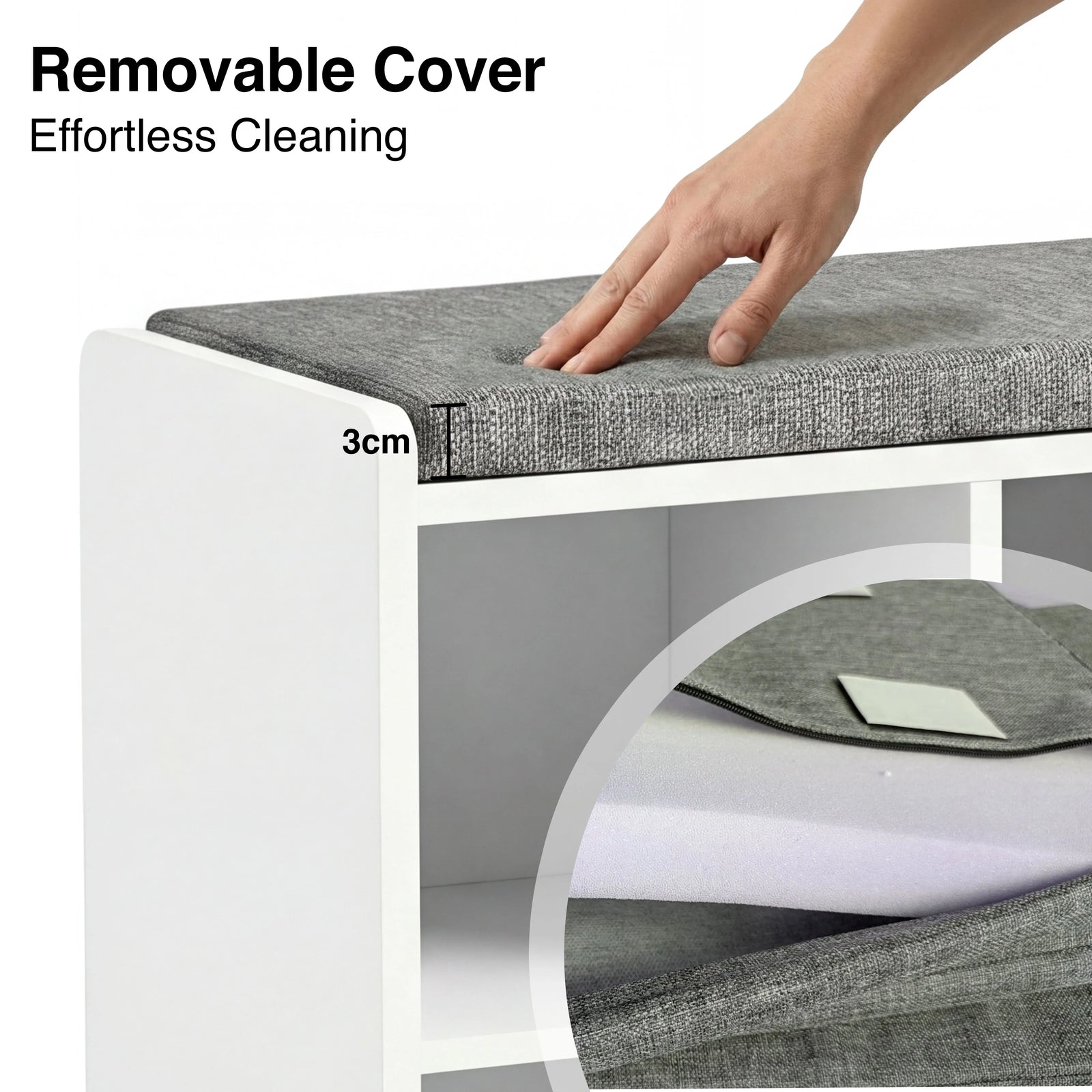 [White] Shoe Storage Bench with Cushion featuring a 3cm thick removable grey fabric cover for easy cleaning