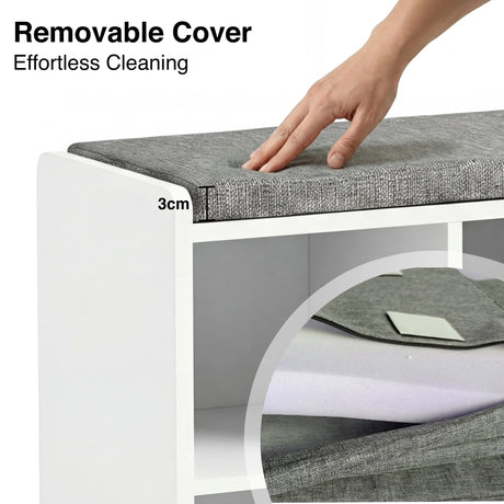 Shoe Storage Bench with Cushion featuring a 3cm thick removable grey fabric cover for easy cleaning. Ideal hallway shoe rack cabinet with seating.
