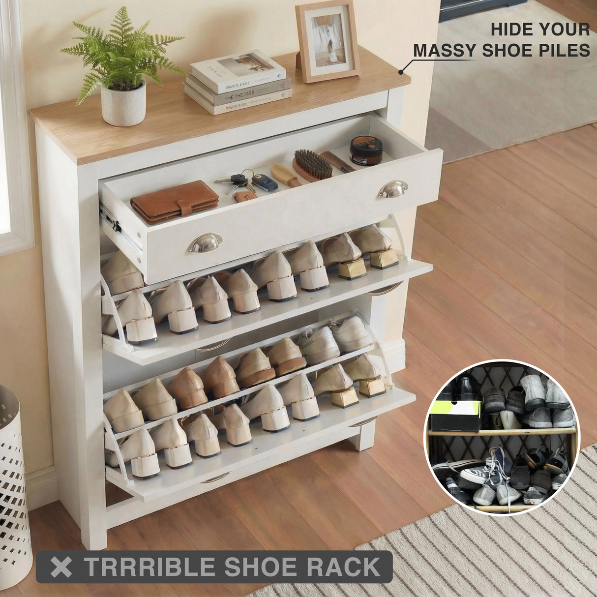 Shoe Cabinet With Drawer - 2 Door Slim Shoe Storage Unit