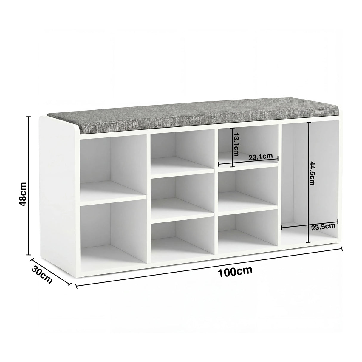 Shoe Storage Bench with Cushion featuring 9 cubby compartments and a grey padded seat, ideal for hallway organization and comfort.