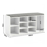 Shoe Storage Bench with Cushion featuring 9 cubby compartments and a grey padded seat, ideal for hallway organization and comfort.