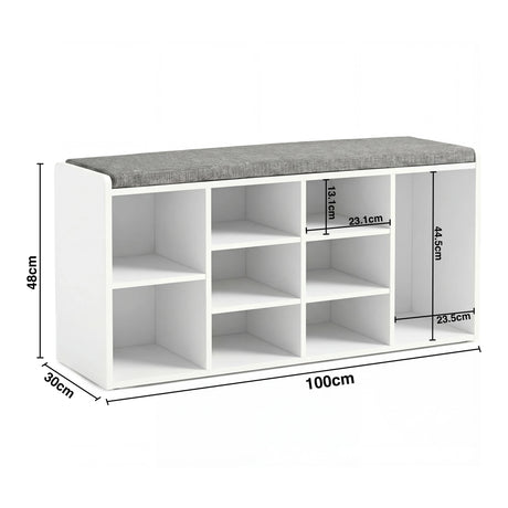 Shoe Storage Bench with Cushion featuring 9 cubby compartments and a grey padded seat, ideal for hallway organization and comfort.