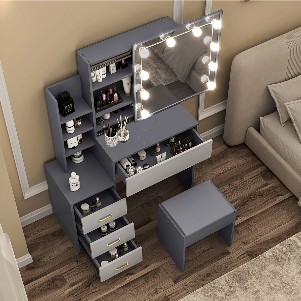 Hollywood Mirror Dressing Table with Storage, Drawers Vanity Makeup Desk