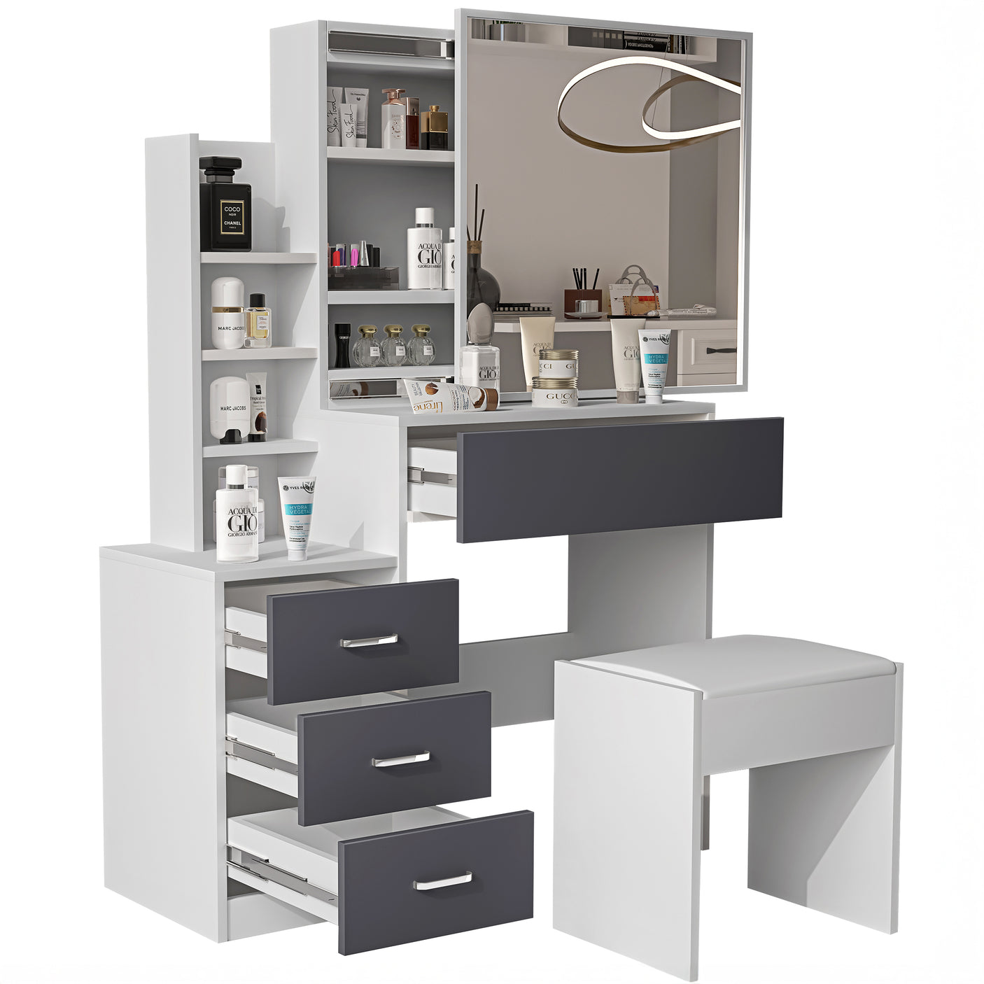 White vanity makeup table with grey drawers and mirror. Features multiple storage compartments and matching stool for bedroom use.