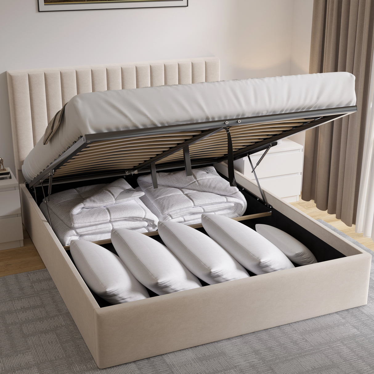 Vertical Line Ottoman Storage Bed - Velvet Ottoman Bed Frame
