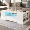 High Gloss Coffee Table with Drawers Storage and LED Lights in white finish, featuring open shelves and ambient blue LED lighting for modern living rooms.