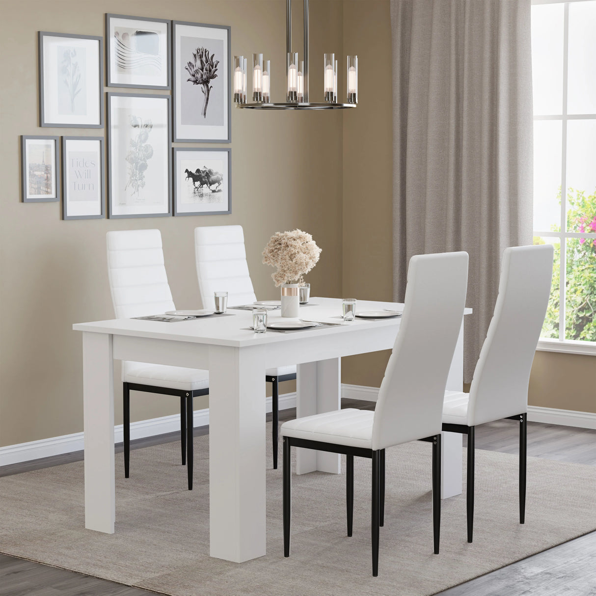Modern 4-6 Seater White Dining Table and Chairs Set