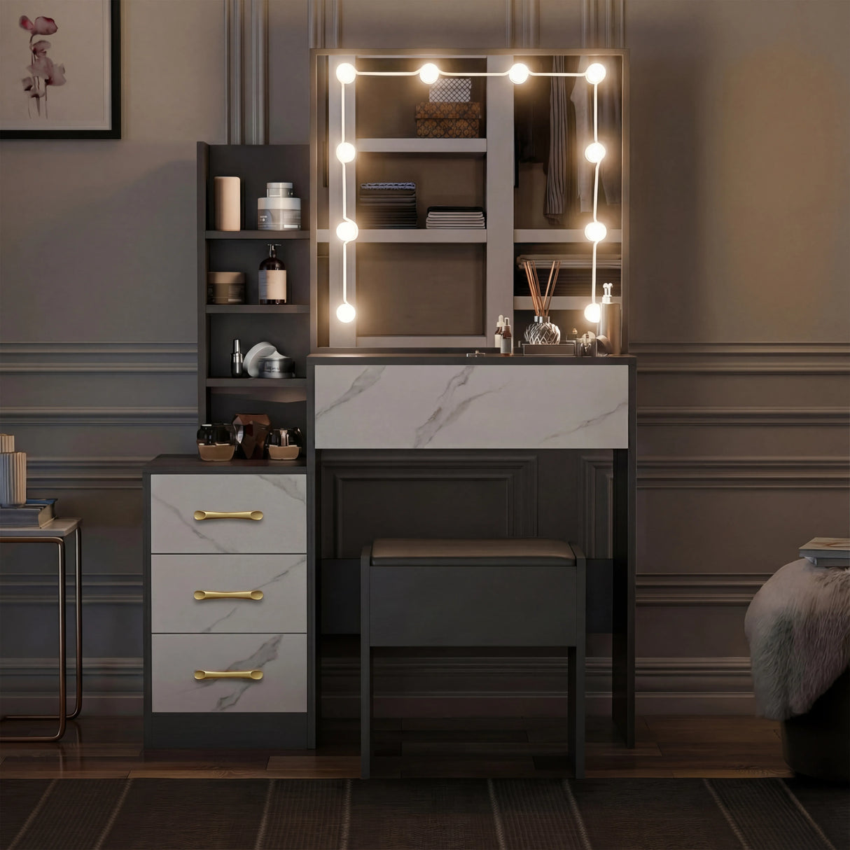 Hollywood Mirror Dressing Table with Storage, Drawers Vanity Makeup Desk