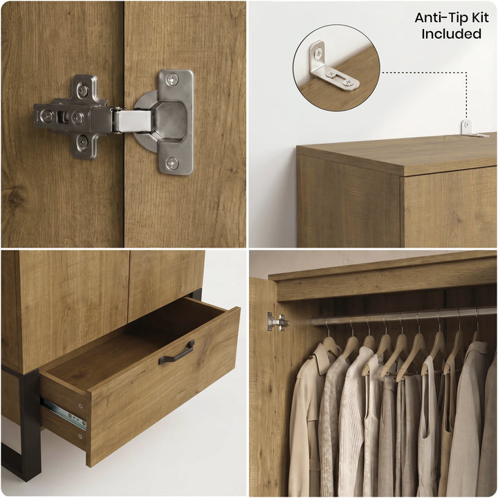 Industrial 2 Door Wardrobe with Drawer Oak Finish