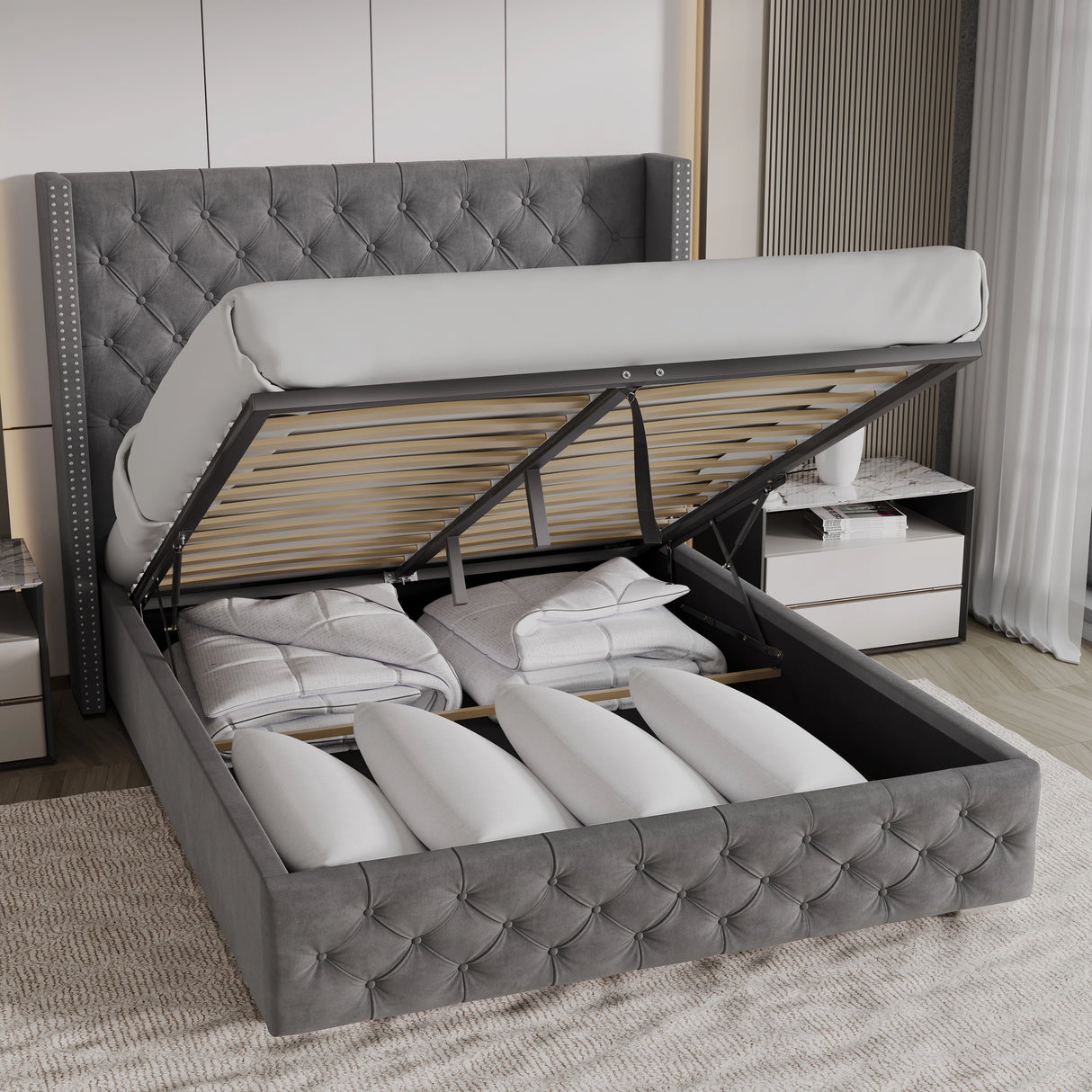 Cross Pattern Velvet Ottoman Storage Bed - Winged Bed Frame