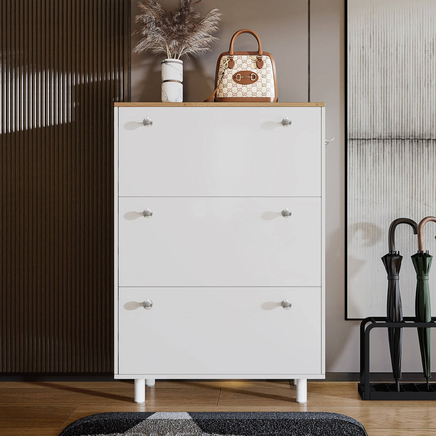 Front view of Blisswood Shoe Cabinet Hallway in white with decorative top surface. Ideal for compact and stylish hallway shoe storage.