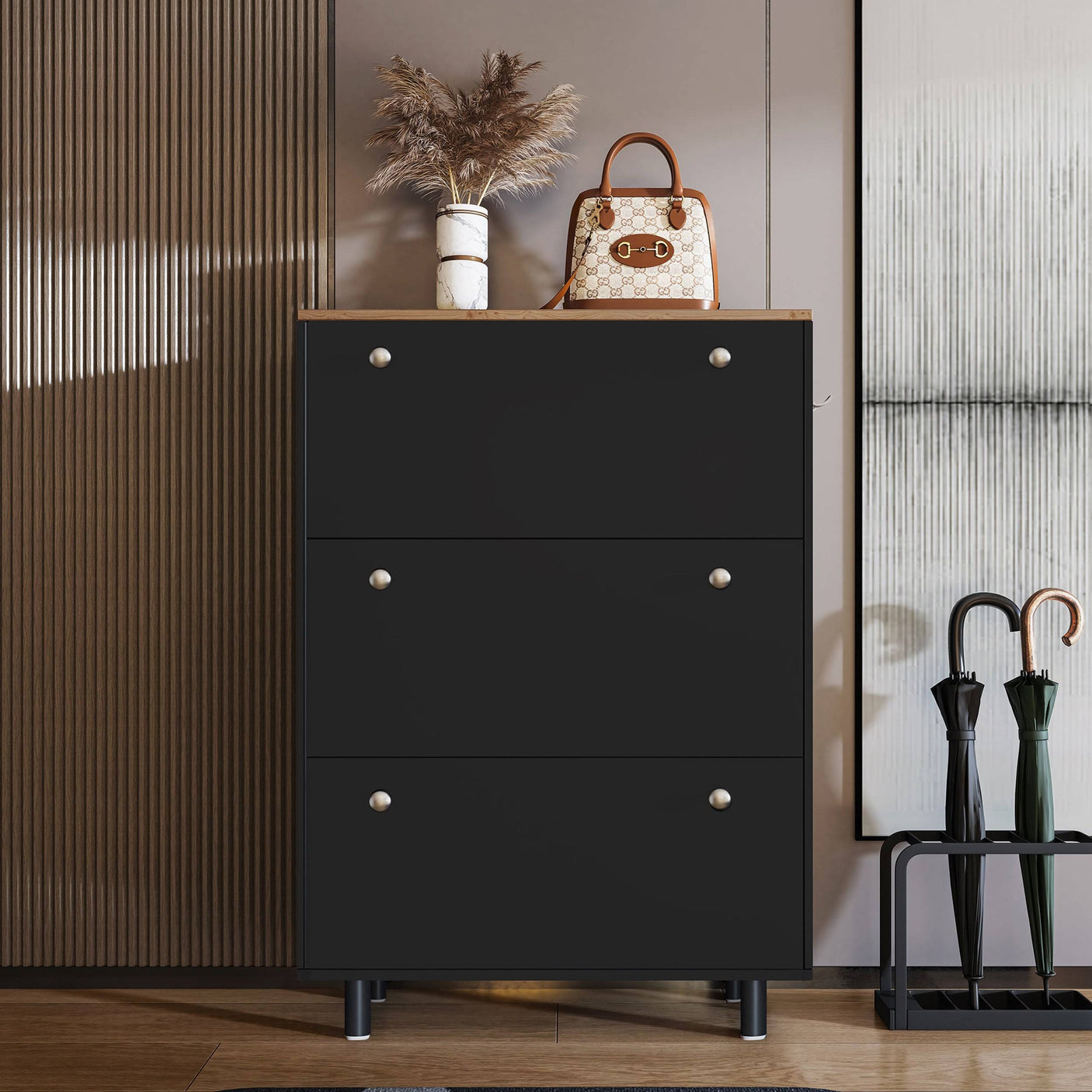 Front view of black Blisswood Shoe Cabinet Hallway with decorative top surface. Compact and elegant shoe storage for entryways.