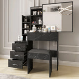 Stylish black vanity table with mirror and stool. Features three drawers and open shelving for organized makeup and beauty storage.