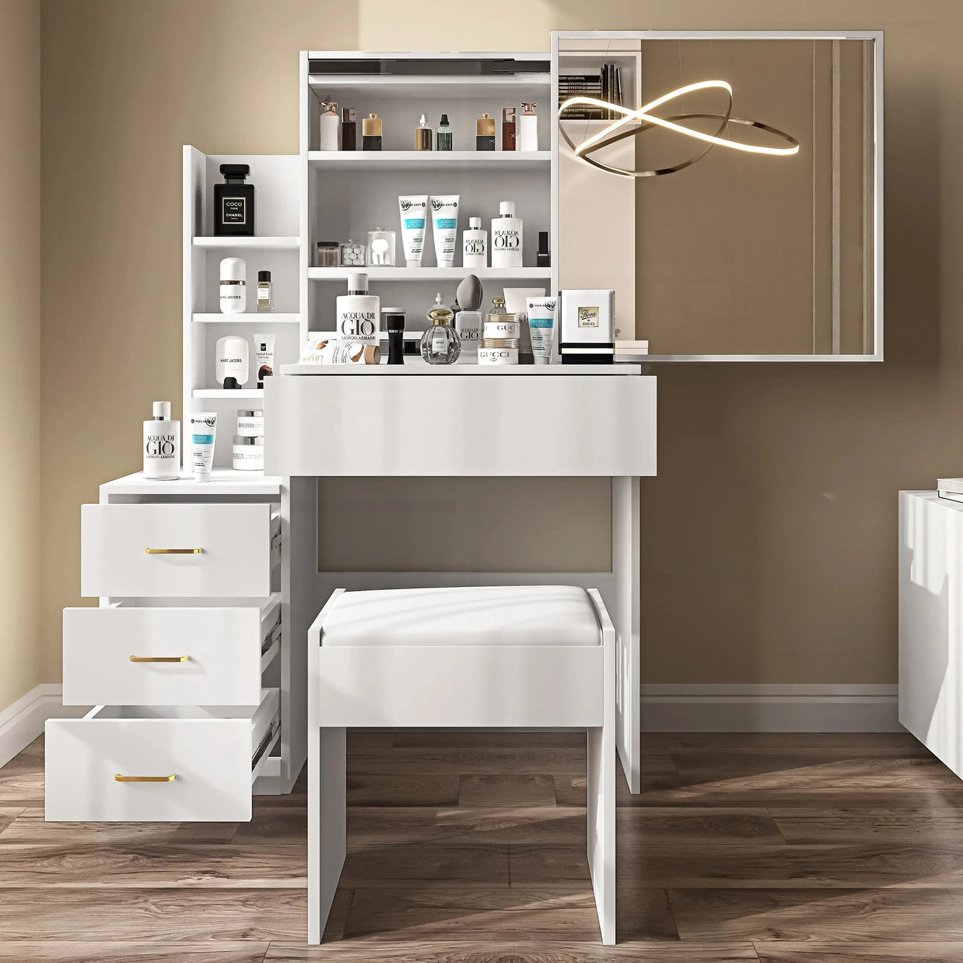 White vanity makeup table with mirror and stool. Features drawers and shelves for organized bedroom beauty storage.