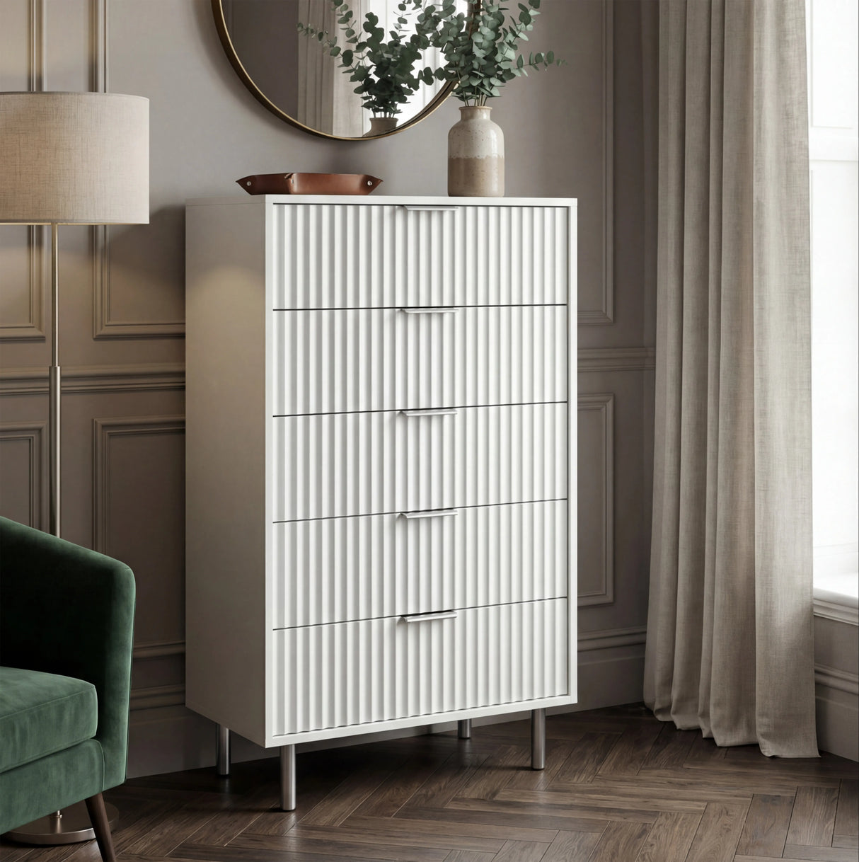 Flutrina Painted Tall Chest of 5 Drawers with Metal Handles