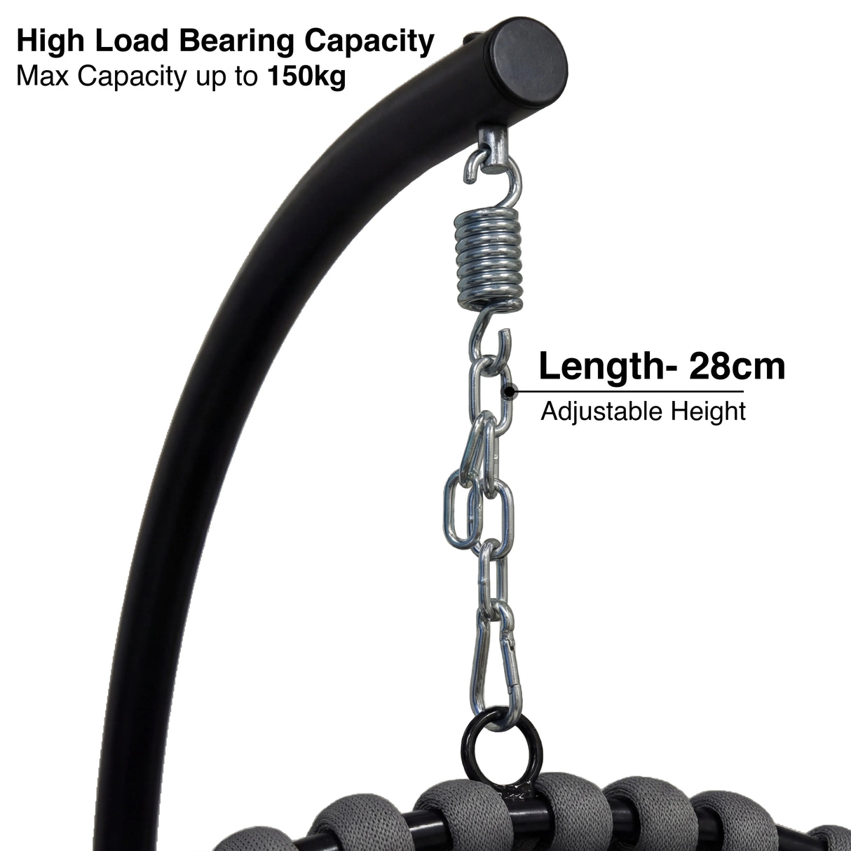 Close-up of Round Garden Hanging Egg Chair's adjustable hanging chain with 28cm length and 150kg load capacity for secure suspension.