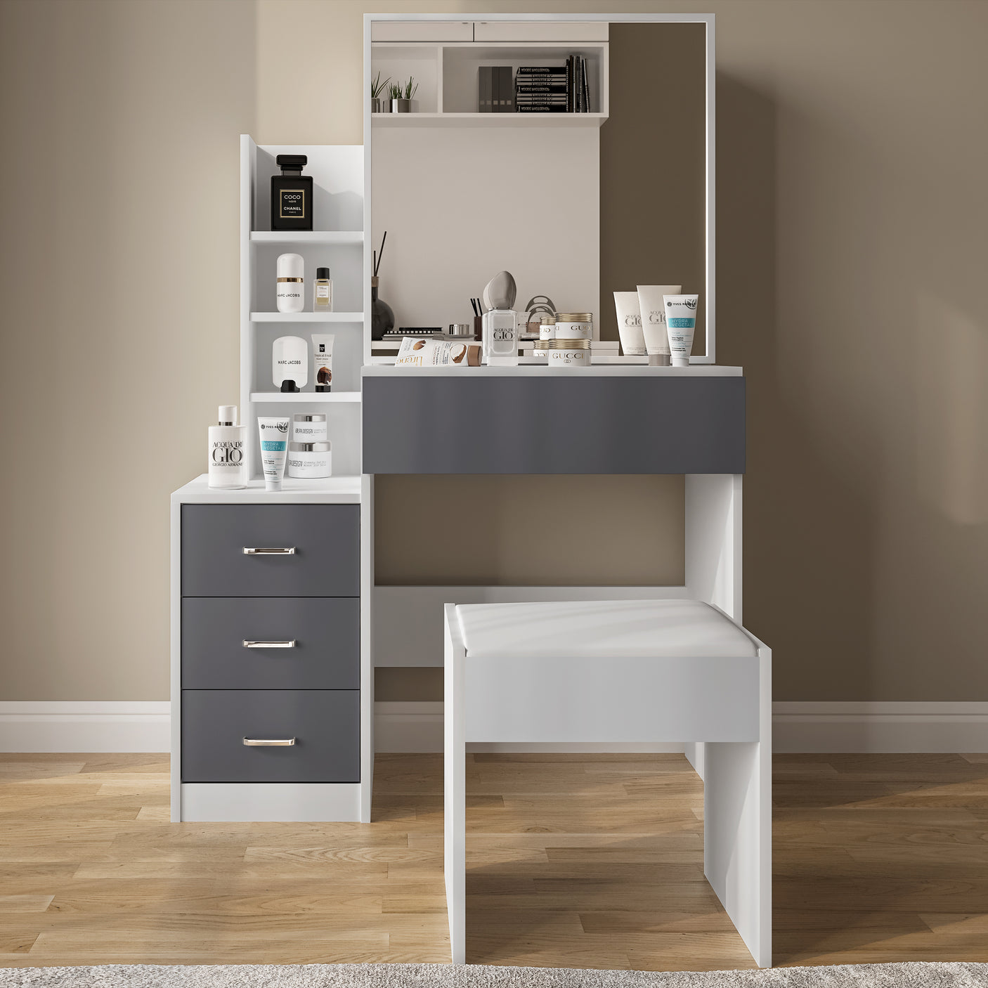 Modern white dressing table with grey drawers and mirror. Includes cushioned stool and ample storage for bedroom vanity setup.