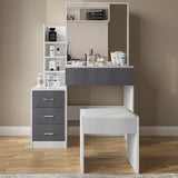 Modern white dressing table with grey drawers and mirror. Includes cushioned stool and ample storage for bedroom vanity setup.