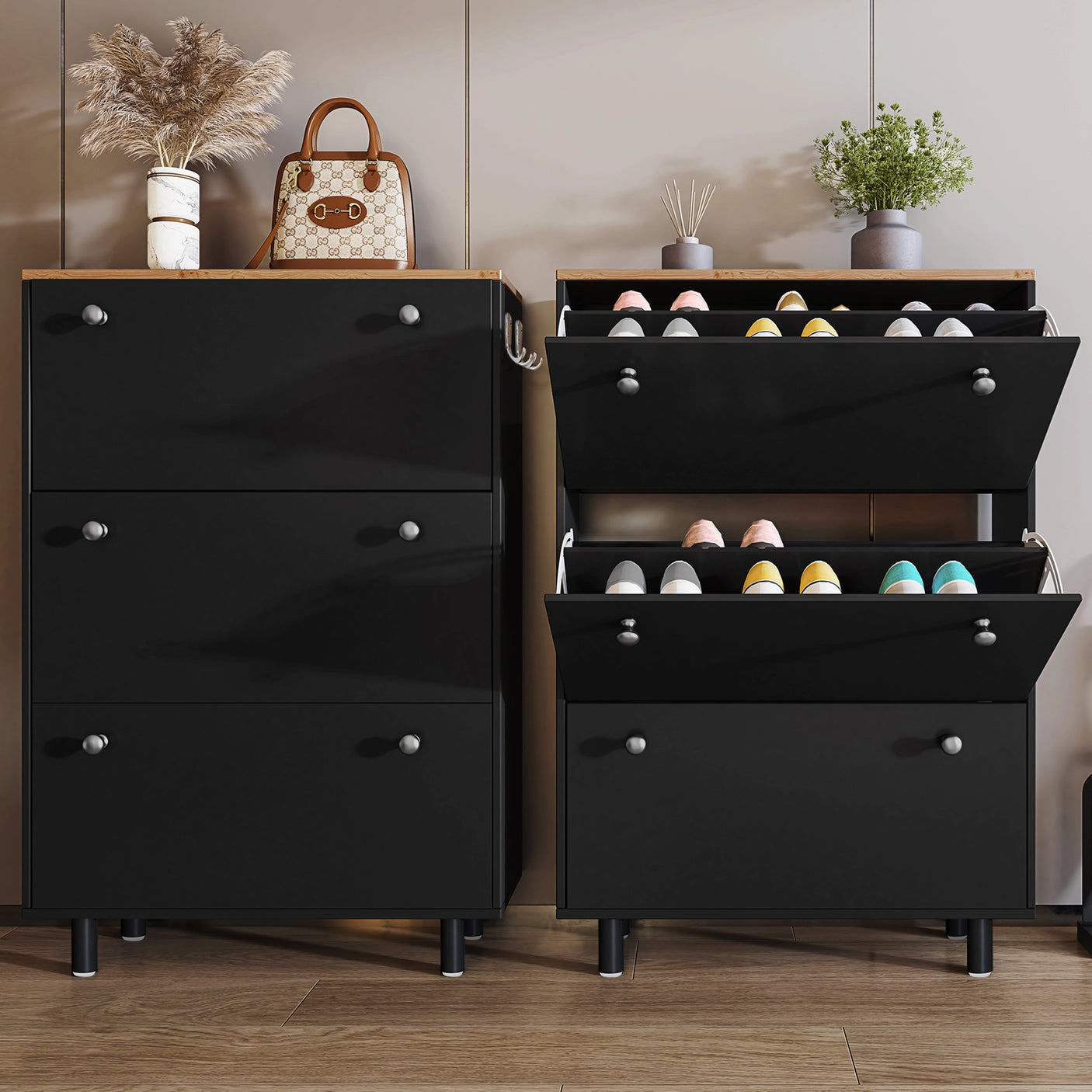 3 Door Narrow Shoe Cabinet | Tall Shoe Storage With Hooks