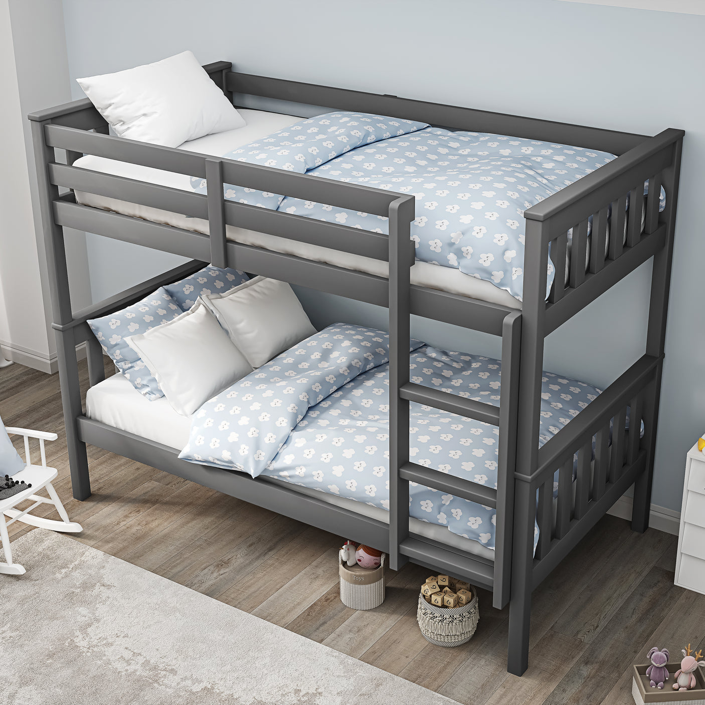 Top-down view of dark grey bunk bed with blue bedding, highlighting compact layout and built-in ladder for kids.