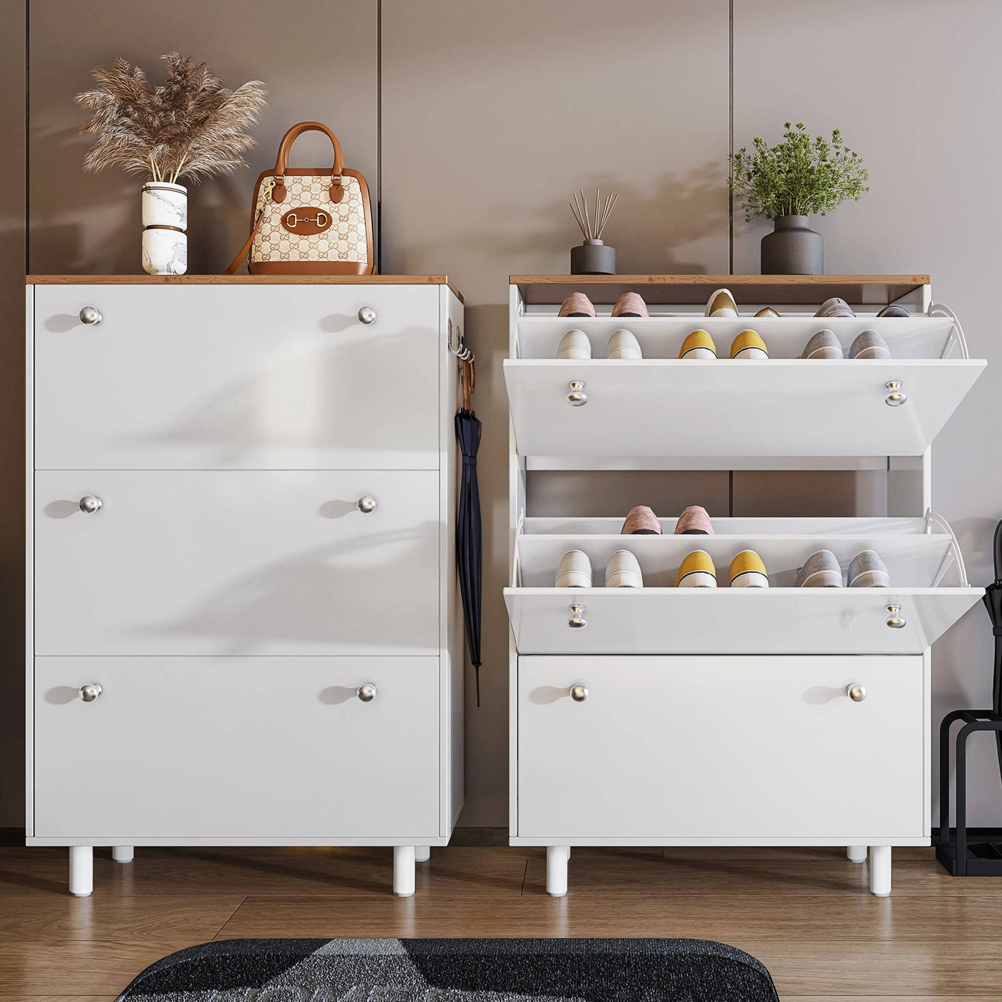 Blisswood Shoe Cabinet Hallway with 3 flip drawers in white, ideal for organized hallway shoe storage. Stylish and compact for modern entryways.
