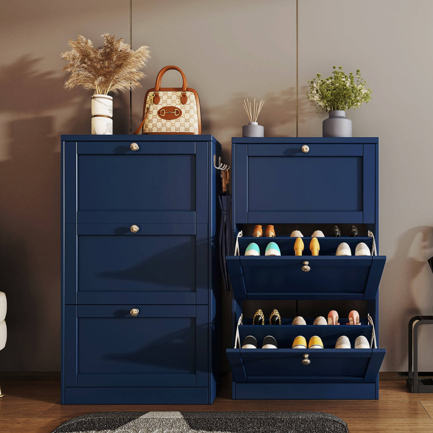 Blisswood Shoe Cabinet With Doors in navy blue with 3-tier storage, ideal for stylish and organized hallway shoe storage.