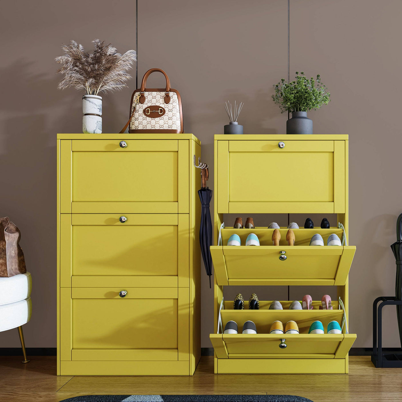 Blisswood Shoe Cabinet With Doors in yellow featuring 3 pull-down drawers for organized shoe storage in a modern hallway setting.