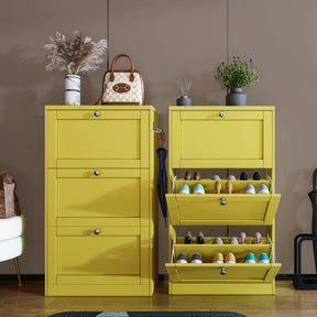 Shaker Shoe Cabinet For Hallway in yellow with 3 drawers, modern design for stylish shoe storage. Ideal for compact entryways and organized footwear.
