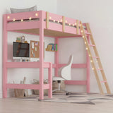 Bunk Bed With Desk - High Sleeper Loft Bed Frame For Kids in pink wood with ladder, desk, chair, and star string lights, ideal for small bedrooms.