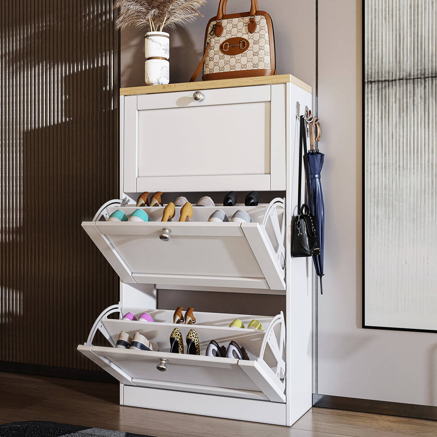 White Blisswood Shoe Cabinet With Doors in hallway with open drawers showcasing organized footwear.