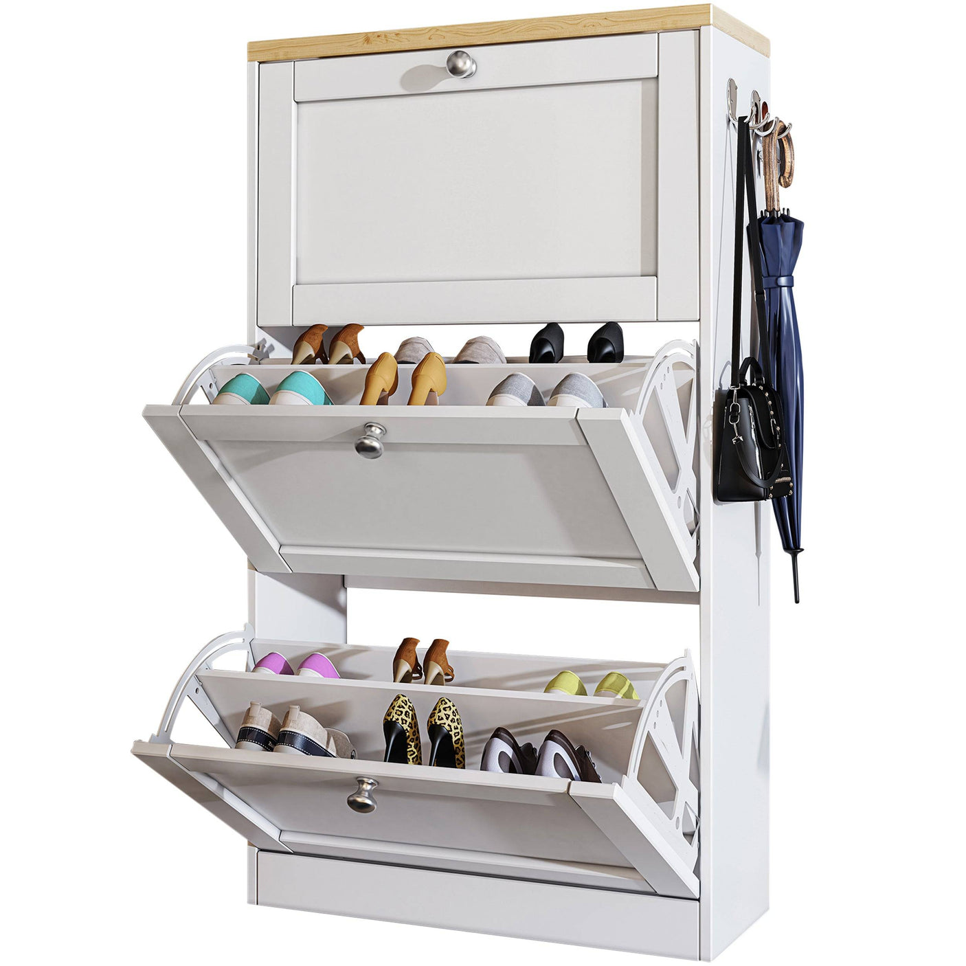 Side view of white Blisswood Shoe Cabinet With Doors with open drawers storing assorted shoes.