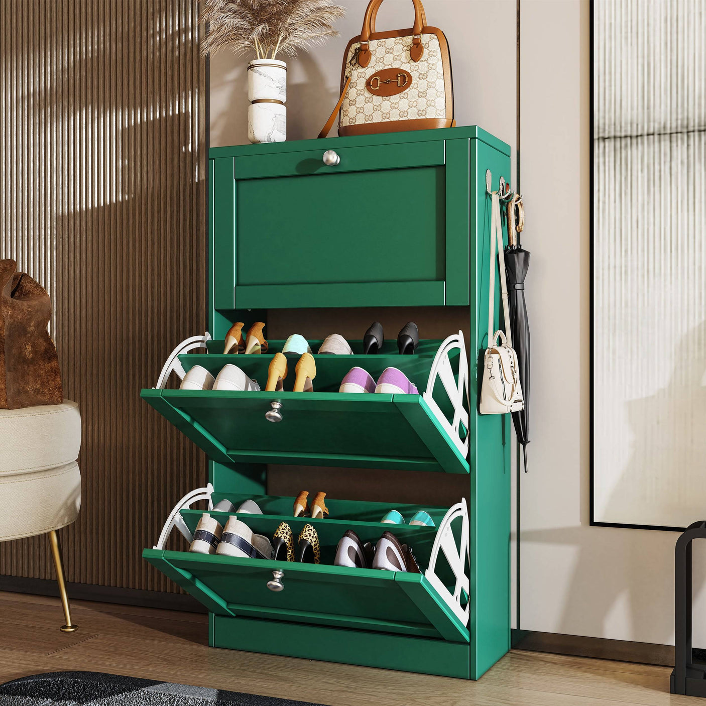 Green Blisswood Shoe Cabinet With Doors in hallway setting with open drawers showcasing organized shoes.