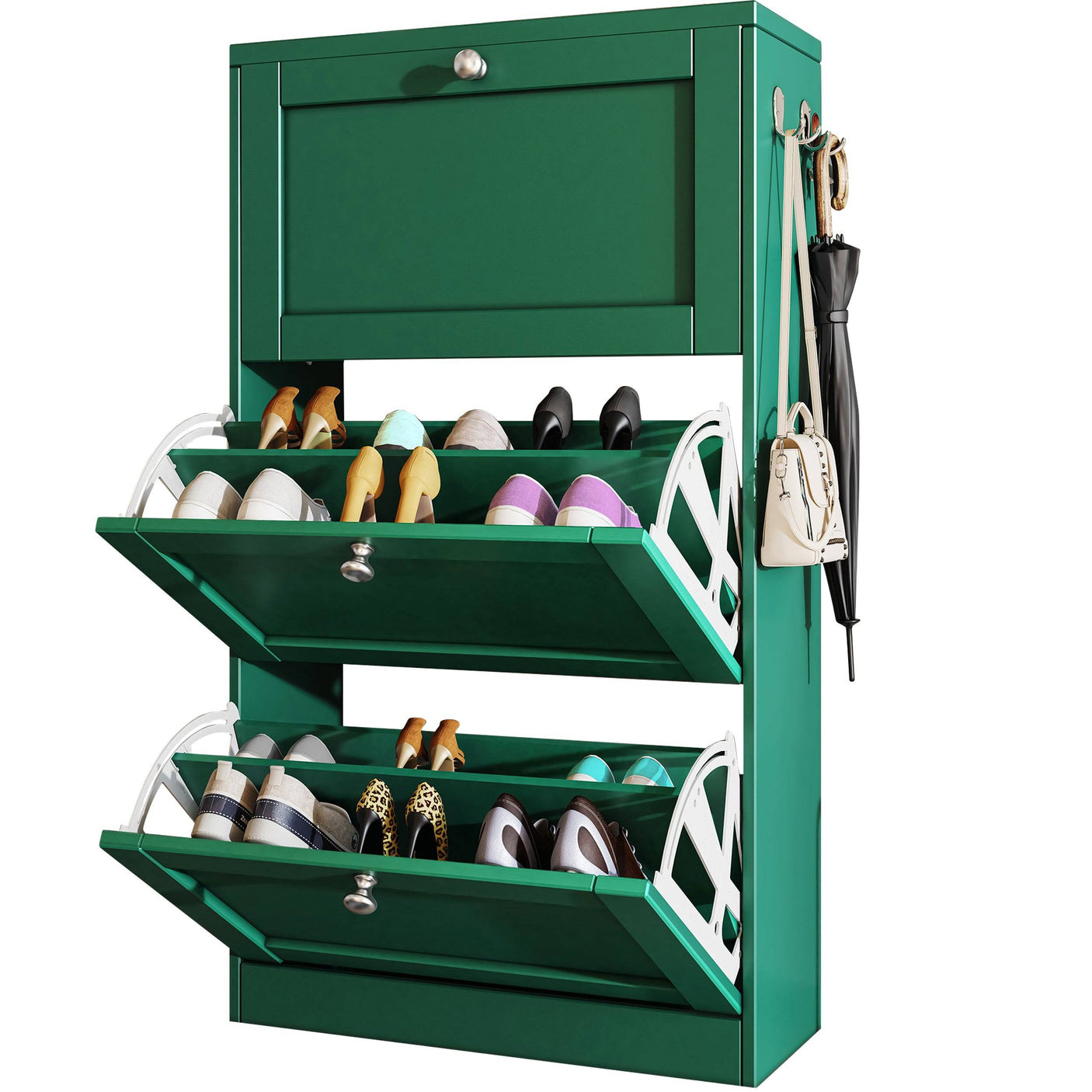 Side view of green Blisswood Shoe Cabinet With Doors with open drawers storing various footwear types.