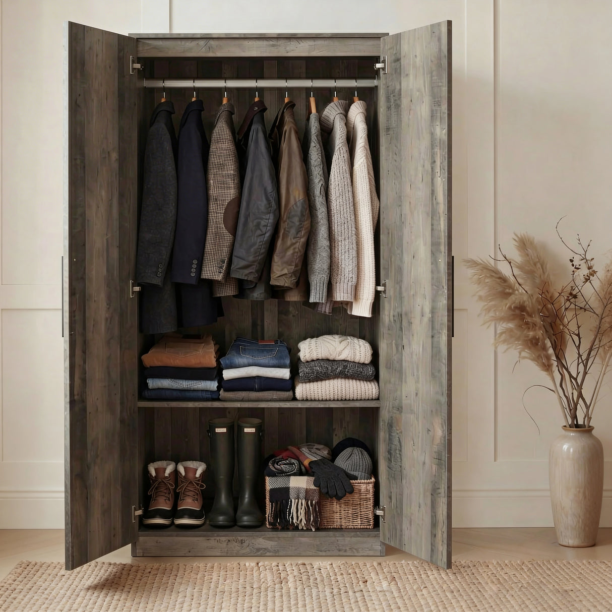 [Ash Grey]  two door plain wardrobe interior with hanging rail section and lower shelf storage space