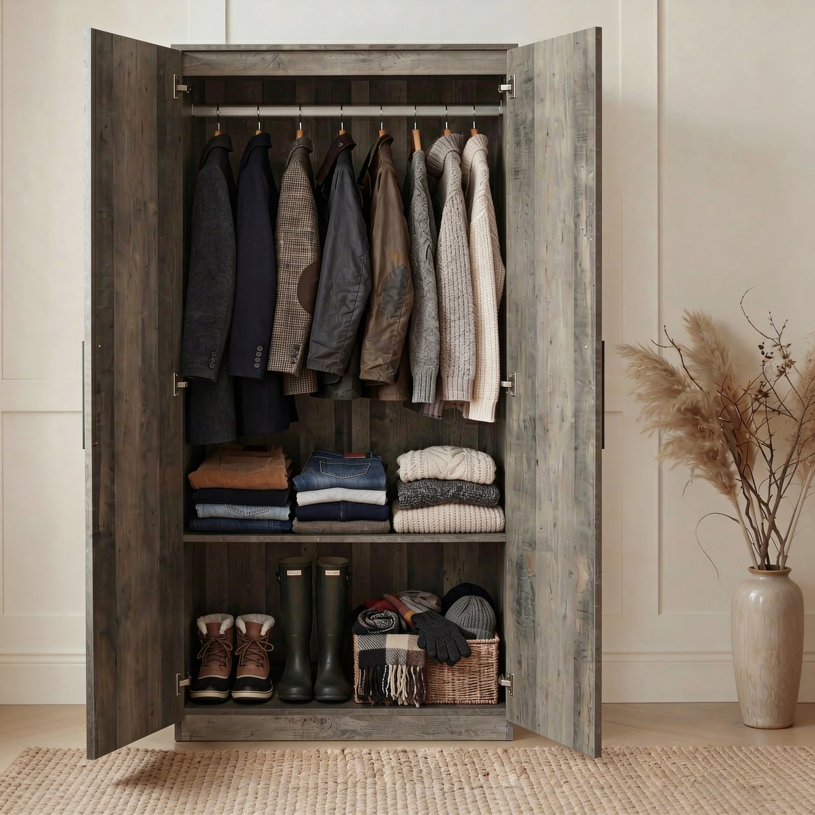[Ash Grey]  two door plain wardrobe interior with hanging rail section and lower shelf storage space