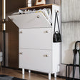 White Blisswood Shoe Cabinet Hallway with one flip drawer open, displaying organized shoe storage. Perfect for entryway or hallway use.