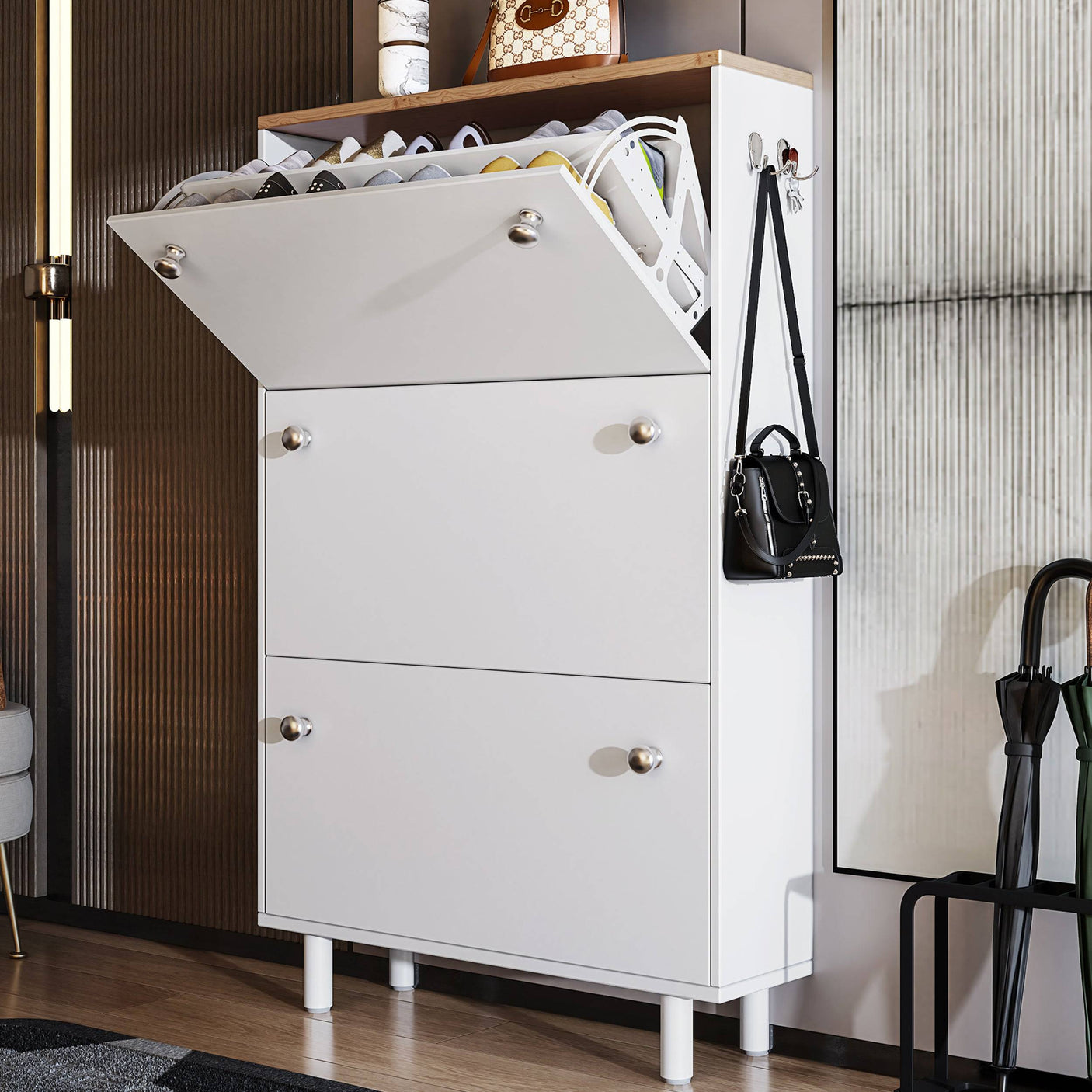White Blisswood Shoe Cabinet Hallway with one flip drawer open, displaying organized shoe storage. Perfect for entryway or hallway use.