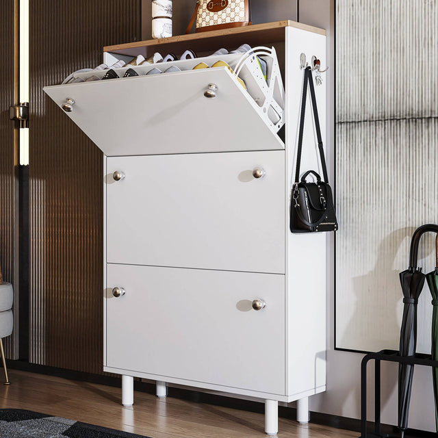 White Blisswood Shoe Cabinet Hallway with one flip drawer open, displaying organized shoe storage. Perfect for entryway or hallway use.