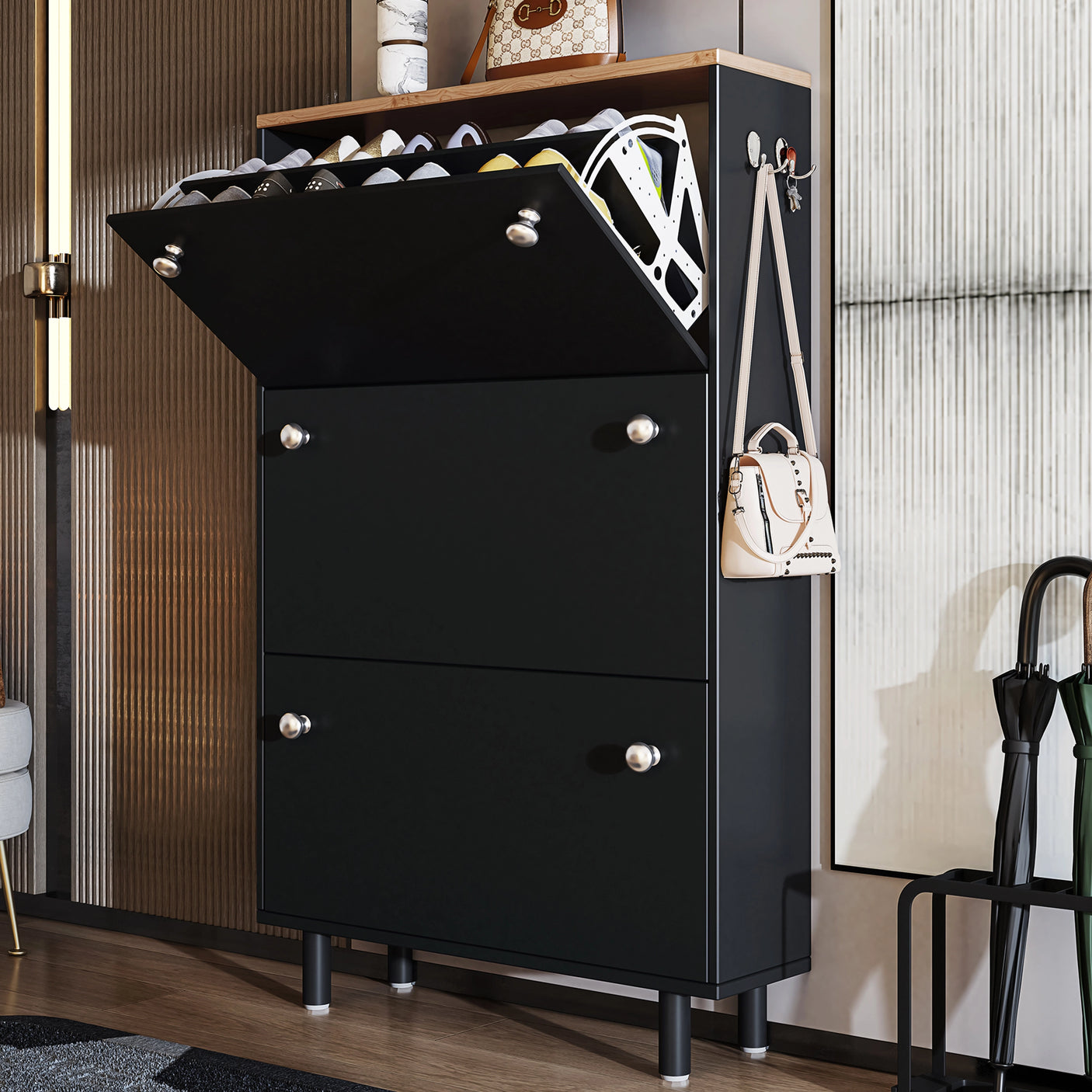 3 Door Narrow Shoe Cabinet | Tall Shoe Storage With Hooks