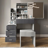 Grey and light grey vanity makeup table with mirror and stool. Features drawers and shelves for organised bedroom beauty storage.