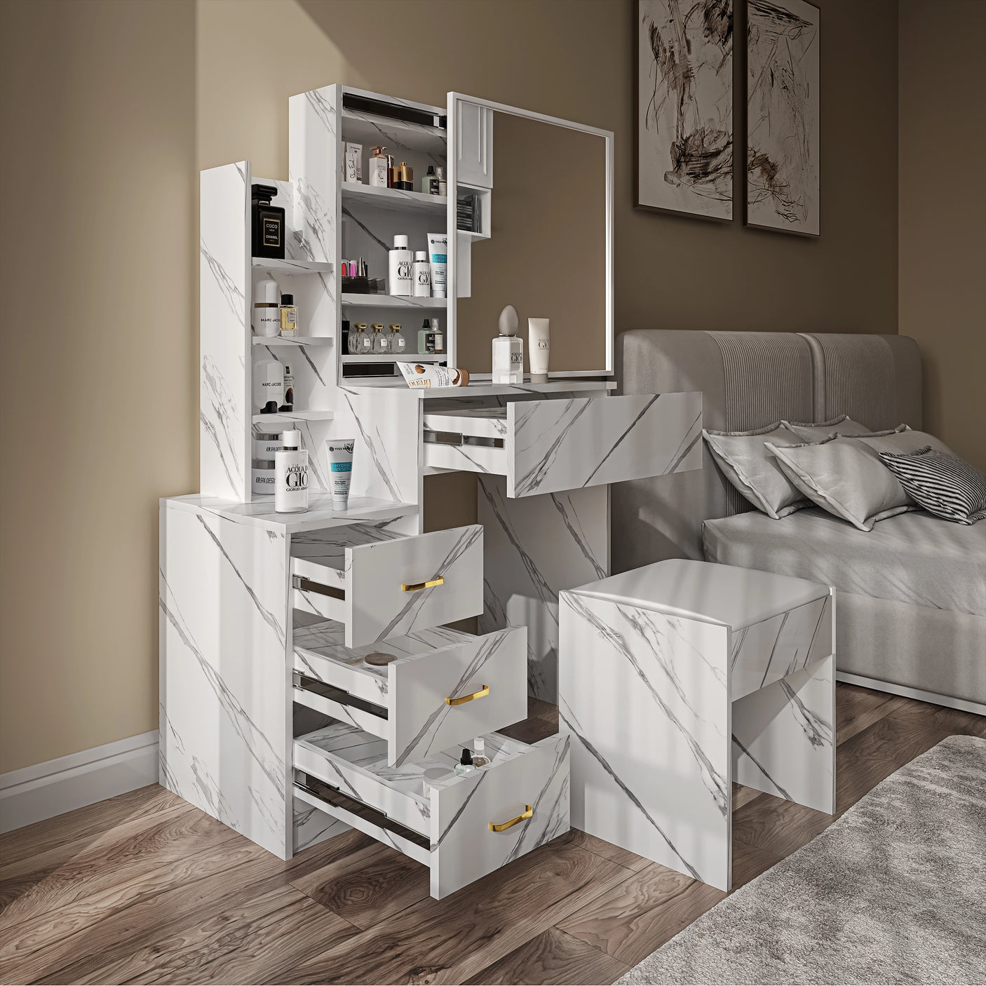 Dressing Table with Storage, Drawers and Mirror - Vanity Makeup Table
