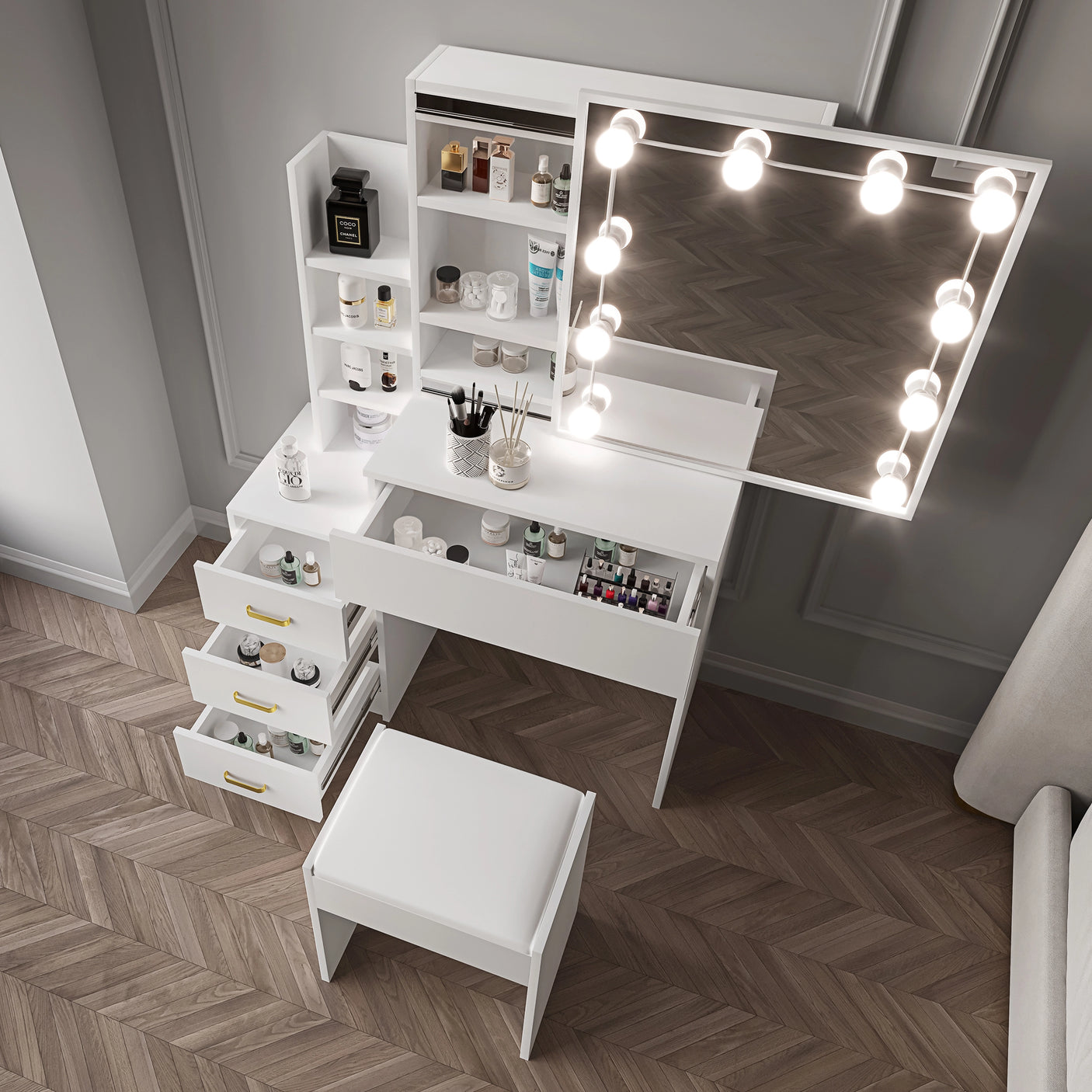 Dressing Table with Mirror and Lights, Drawers - Vanity Makeup Table