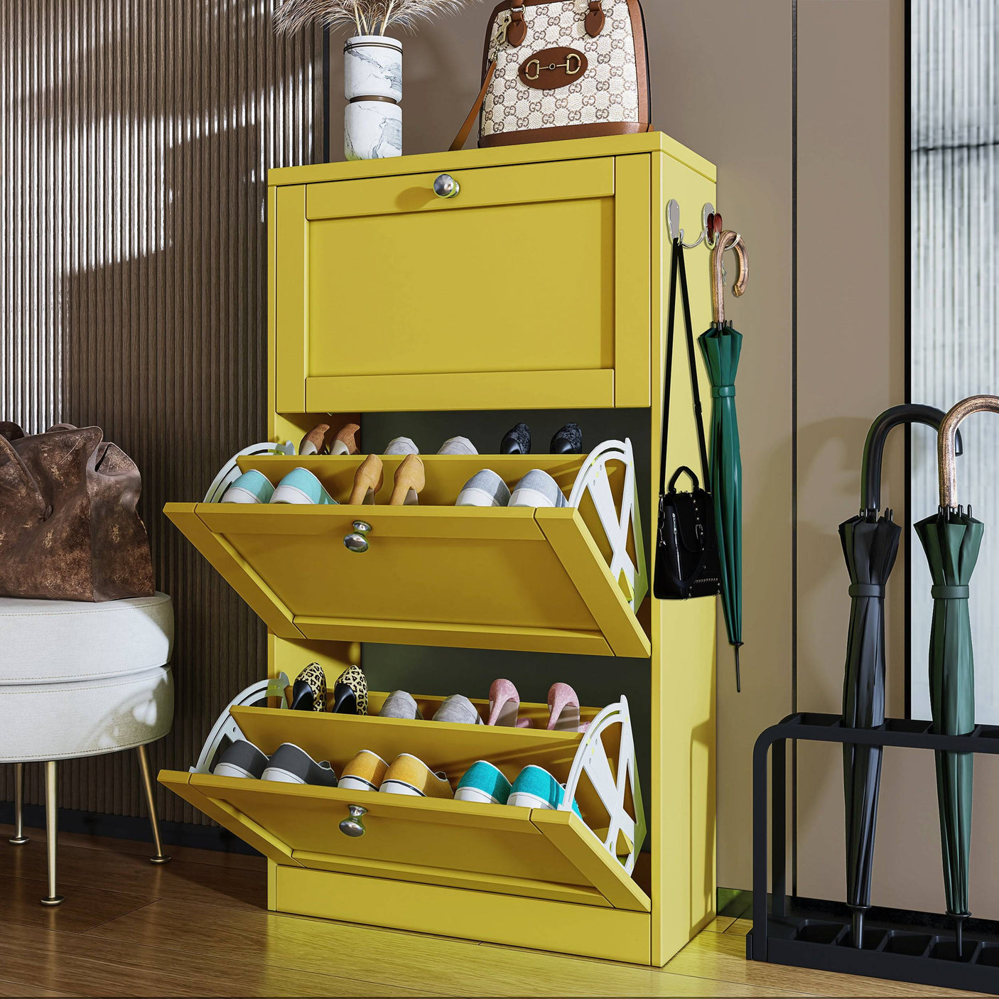 Stylish yellow Blisswood Shoe Cabinet With Doors with two drawers open, showcasing organized footwear in a hallway corner.