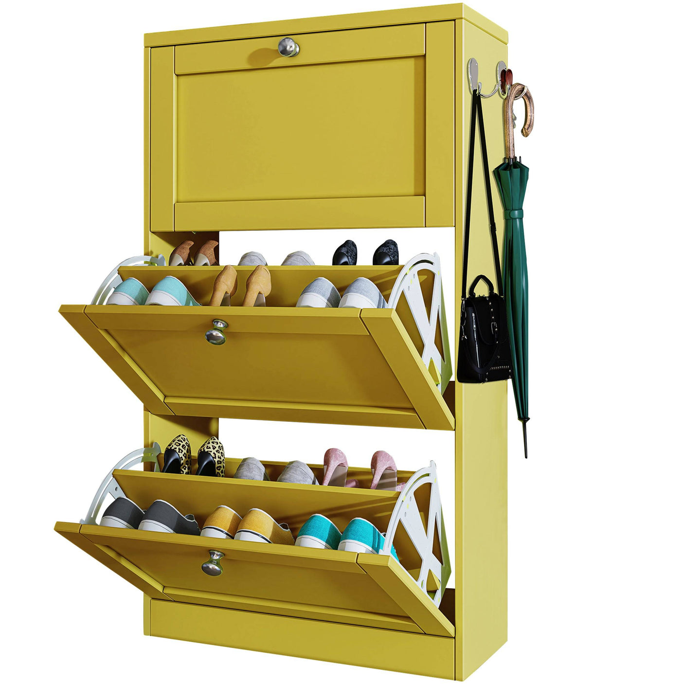 Yellow Blisswood Shoe Cabinet With Doors showing open compartments storing various shoes, ideal for compact entryway organization.